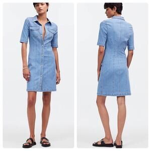 NWT Madewell Denim Seamed Mini Shirtdress in Palermo Wash NP118 Blu Snap Closure